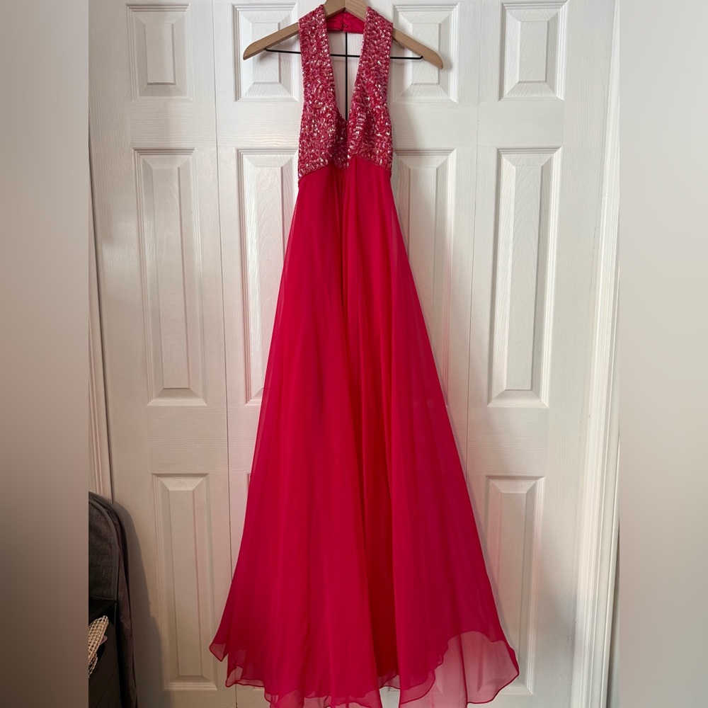 Vintage Mike Benet Formals 60s/70s Sequined Halter Gown in Fuchsia Pink